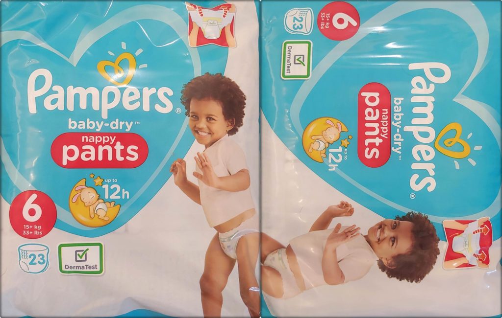 Einzelpack Vorder- und Rückseite der Pampers baby-dry nappy pants Größe 6