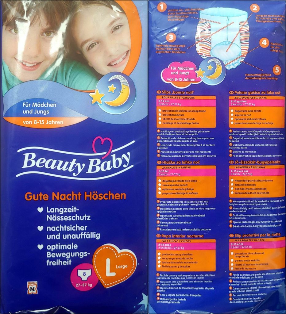 Einzelpack Vorder- und Rückseite der Beauty Baby Gute Nacht Höschen Größe L 8-15 Jahre