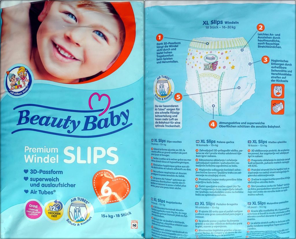 Einzelpack Vorder- und Rückseite der Beauty Baby Premium Windelslips Größe 6 XL