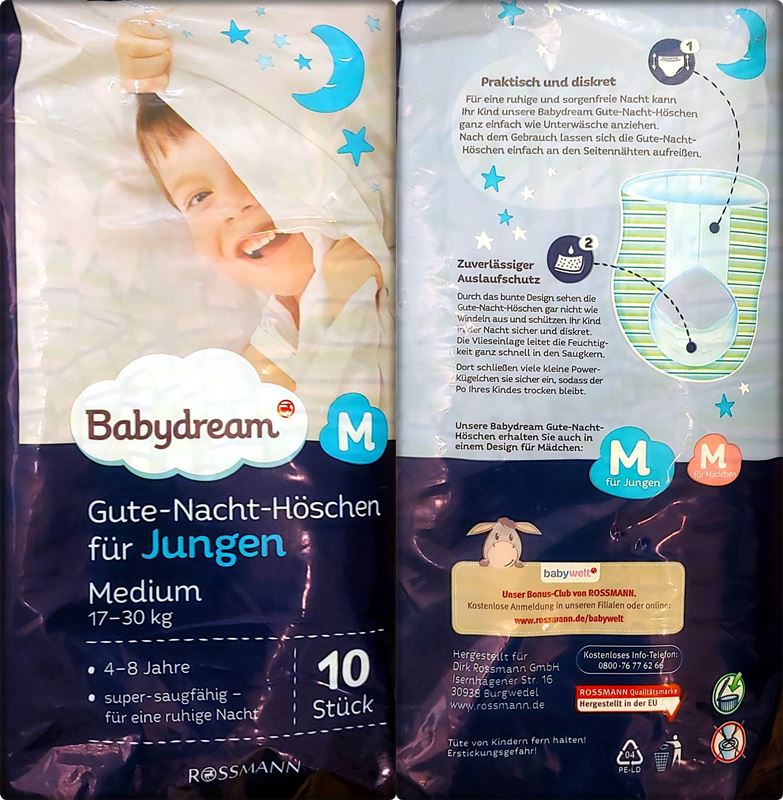 Einzelpack Vorder- und Rückseite der Babydream Gute-Nacht-Höschen Boys 4-8 Jahre