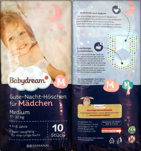 Einzelpack Vorder- und Rückseite der Babydream Gute-Nacht-Höschen Girls 4-8 Jahre