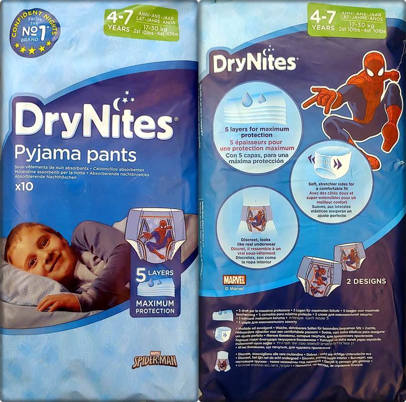 Einzelpack Vorder- und Rückseite der DryNites 4-7 Years Spiderman Motiv
