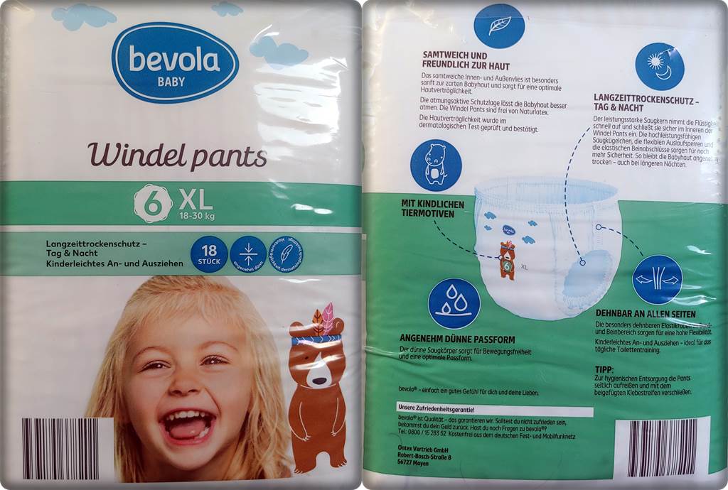 Einzelpack Vorder- und Rückseite der Bevola Baby Windel pants Größe 6 XL