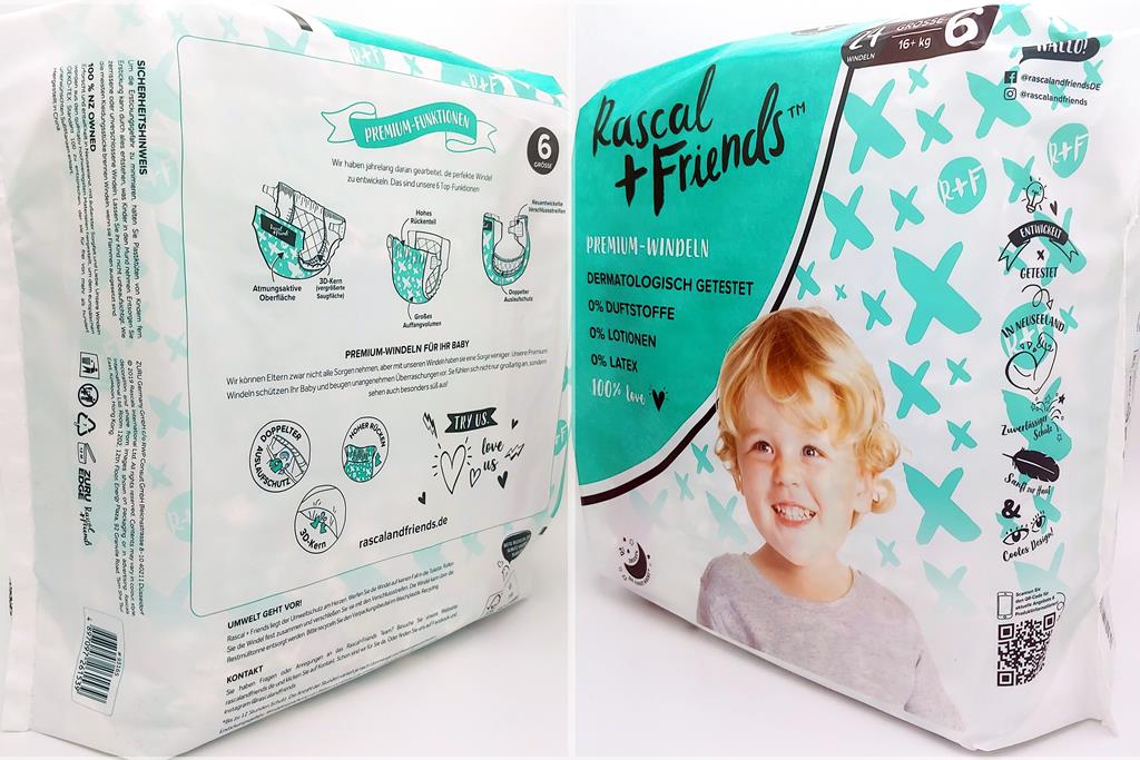 Einzelpack Vorder- und Rückseite der Rascal + Friends Premium Windeln Größe 6