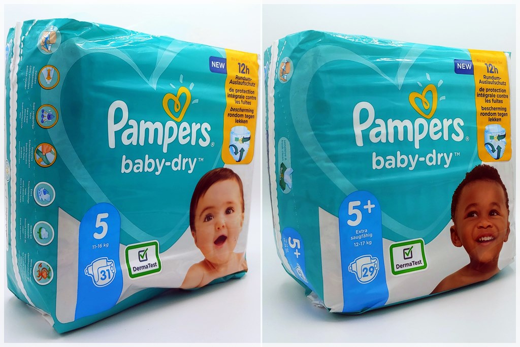 Einzelpack Vorderseite der Pampers baby-dry Größe 5 und 5+
