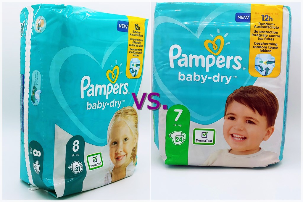 Pampers baby-dry Größe 8 vs Pampers baby-dry Größe 7 Packungen