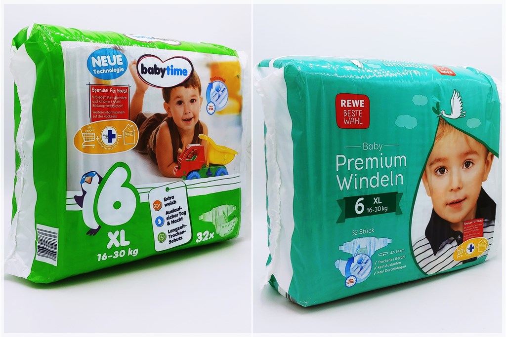 Einzelpackung Vorder- und Rückseite der Babytime und Rewe Baby Premium Windeln Größe 6 XL