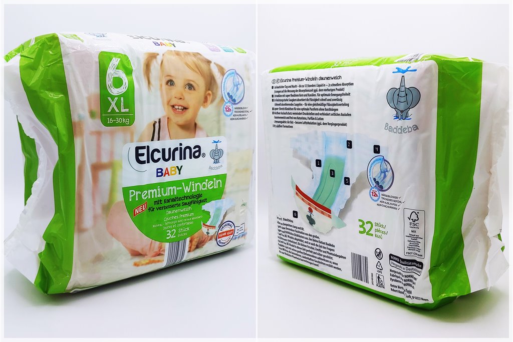 Einzelpackung Vorder- und Rückseite der Elcurina Baby Premium-Windeln Gr. 6 XL